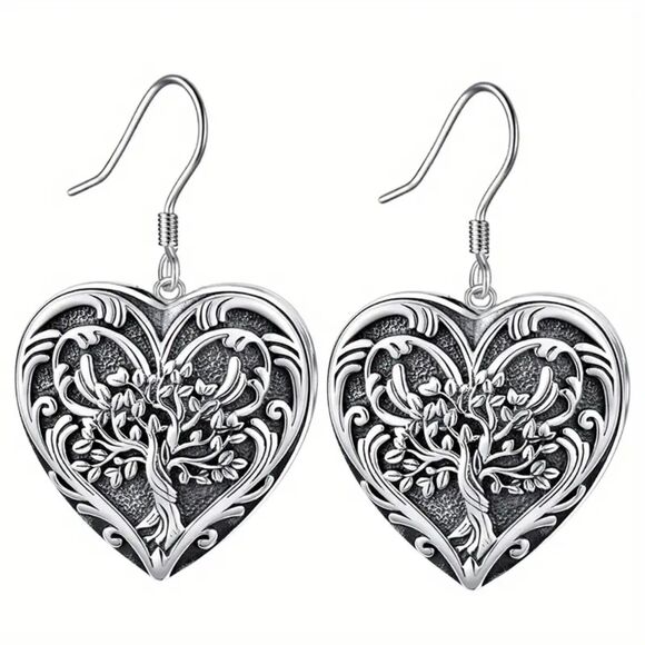 Silvertone Retro Heart Dangle Earrings Filigree Tree of Life Vintage Style Drop - Picture 3 of 5